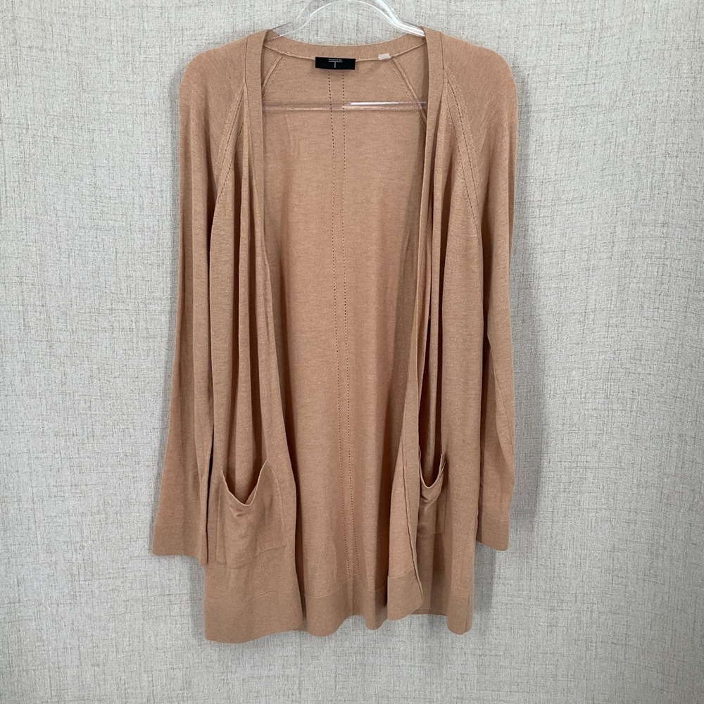 Tahari Cardigan Women Medium Tan Wool Blend Open Front Pocket Classic Minimalist